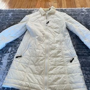 i.e. brand from macys. Cream white puffer long jacket. Size small.